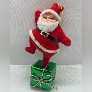 Vintage Santa Balancing On Christmas Gift Package Ornament Fuzzy Velour Rare HTF